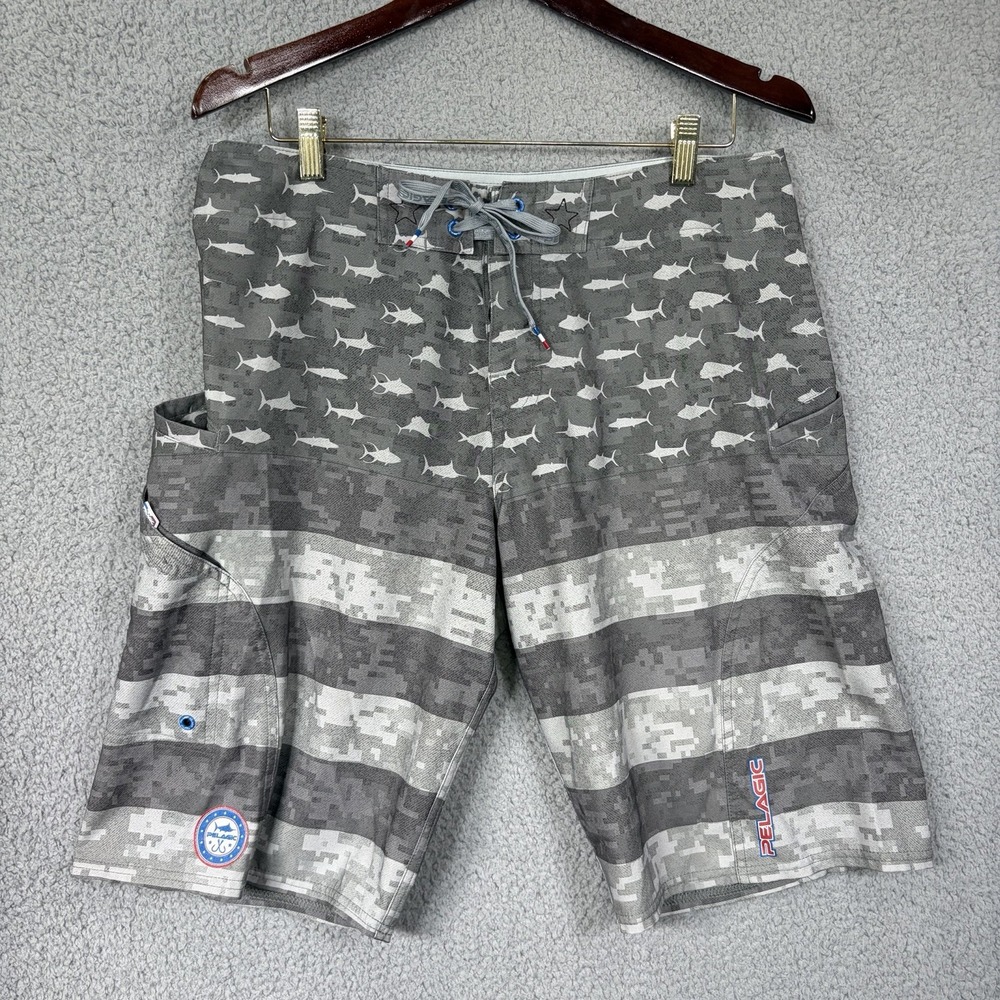 Pelagic Sharkskin Mens Gray Swim Trunks Board Shorts Size 32 Fishing Surf